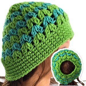 Crochet Messy Bun Beanie Hat Ponytail Green Teal Adult OSFM New Handmade Winter